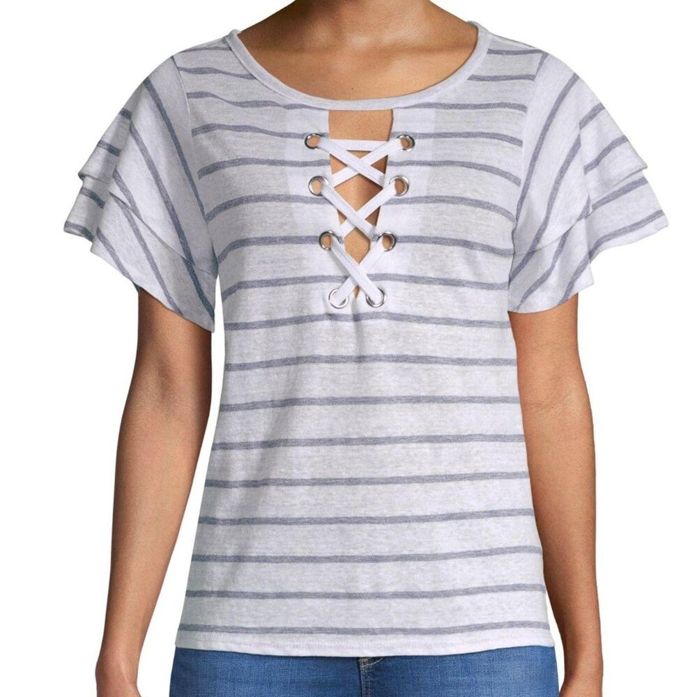 Generation Love white light blue striped Kiki lace-up flutter tee small MSRP 110